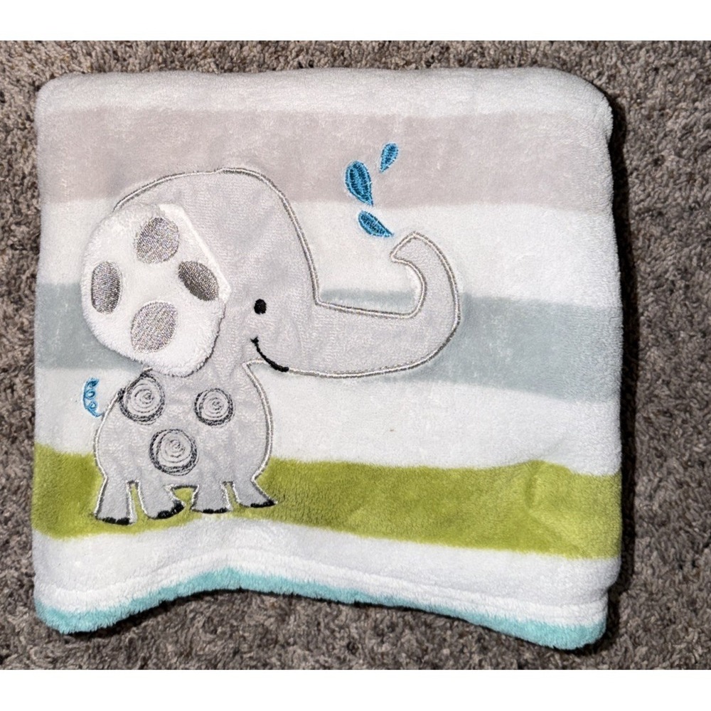 Lambs & Ivy Blue Green Gray Stripe Baby Blanket Gray Elephant 3D Ear 30"x39"